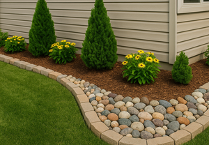 A creative way to put decorative rock and mulch installation bordered by stone edging.