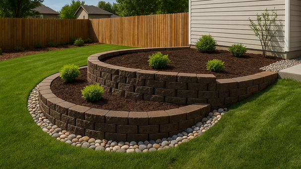 Idea for a completed landscaping project with new retaining wall, mulch beds, and decorative stone edging