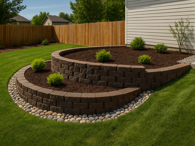 Idea for a completed landscaping project with new retaining wall, mulch beds, and decorative stone edging