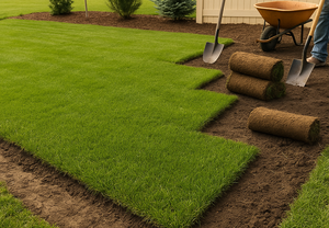 Freshly laid sod installed after yard leveling and soil prep.