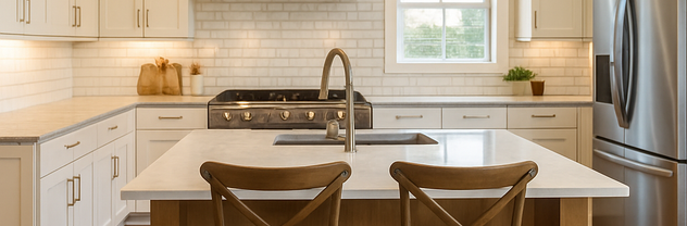 Quartz countertop and subway tile backsplash